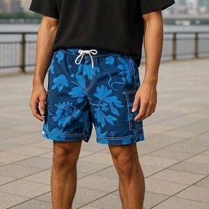 Mossimo Swim Trunks Mens XXL Blue Floral Tropical Beachwear Summer vacation surf